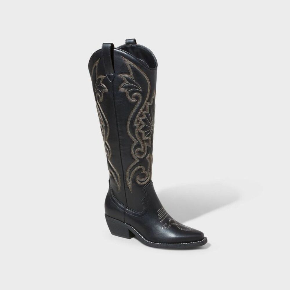 wild fable Black Western Knee-High Cowboy Boots with Tan Stitching
